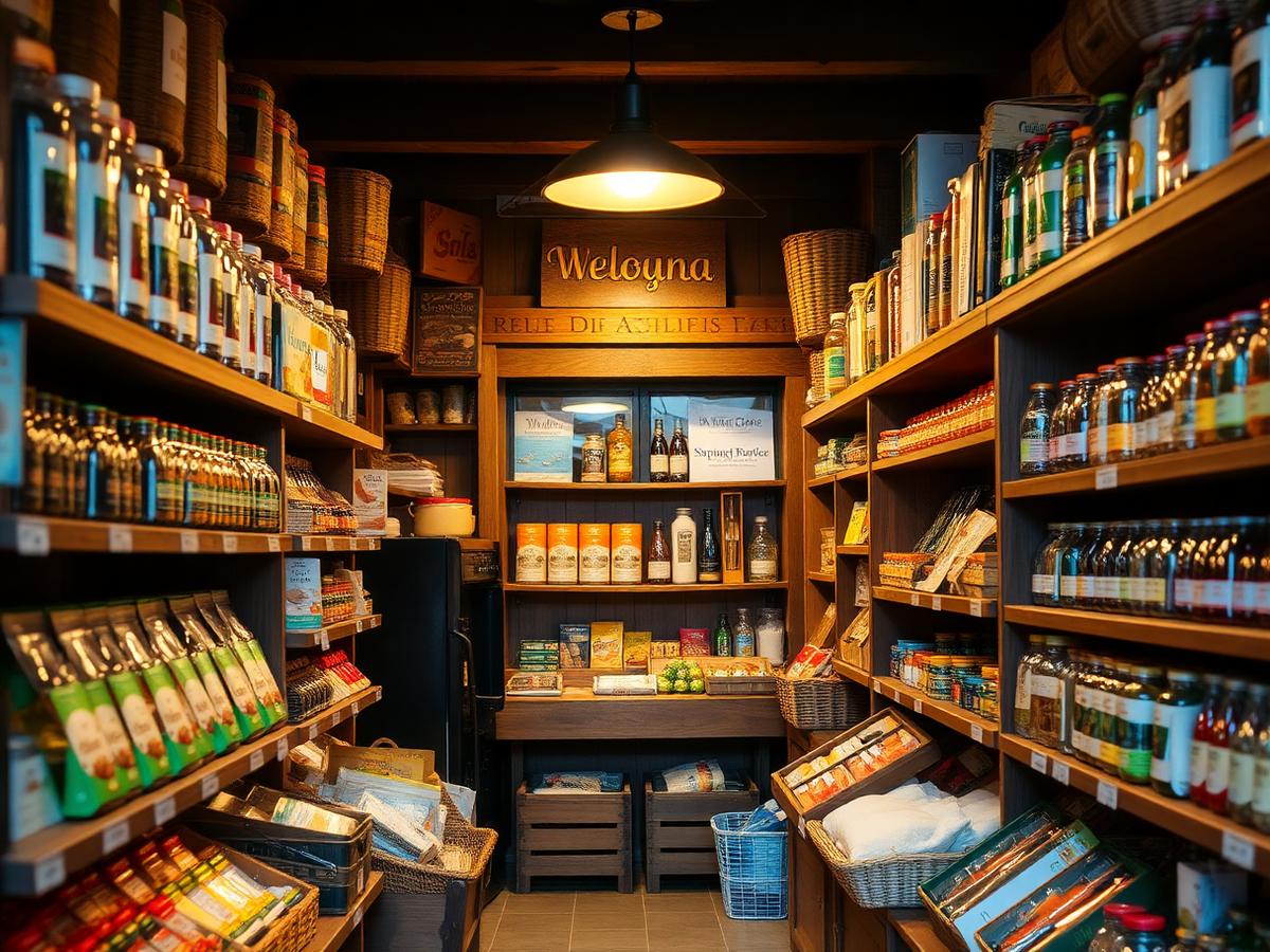 Inside the shop: timber shelves stocked with imported European groceries